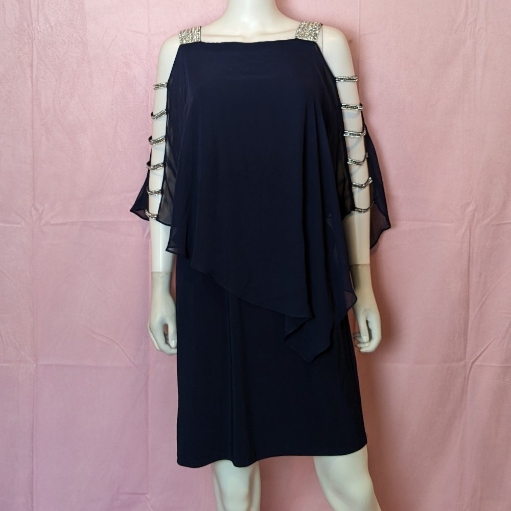 MSK Navy Blue Cold Shoulder Flowy Sleeve Embellished Sheath Mini Dress Size Smal